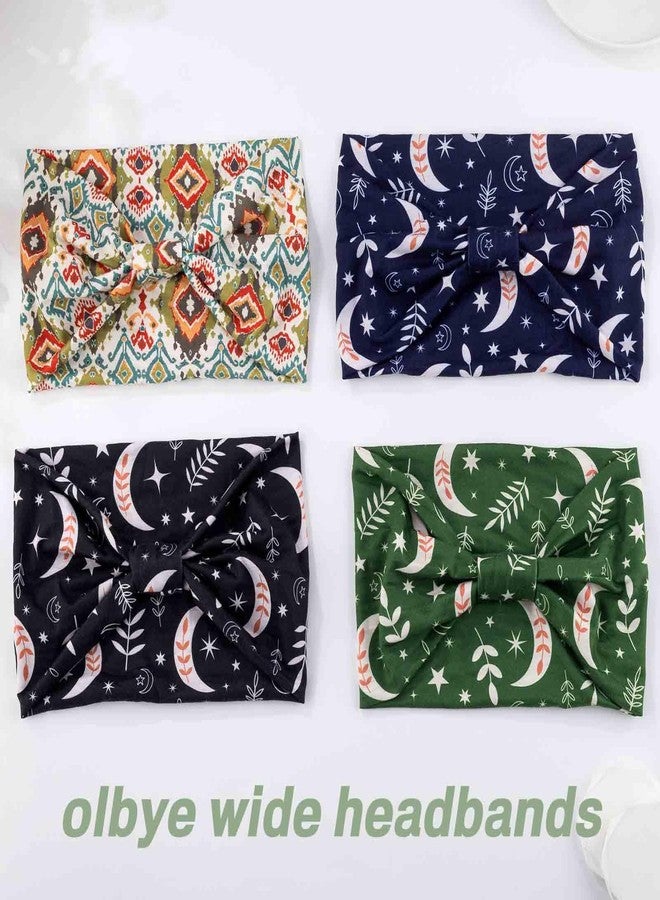 أولباي عصابات رأس أولبي العريضة بنمط بوهو، أغطية رأس مطاطية مزينة بالزهور، عصابات رأس على شكل فراشة أفريقية، عصابة رأس باندانا معقودة، عمامة يوغا، أوشحة رأس، إكسسوارات شعر للتمارين الرياضية للنساء، 4 قطع (قمر، 9.4 * 5.9 بوصة) - Image 2